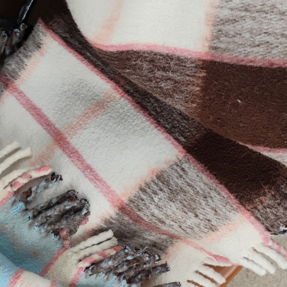 πΊπ² Vintage BLANKET Reversible Sky Blue Cream Coral & Brown - Picture 4 of 16